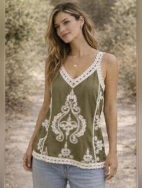 Ultra Pink Olive Green Crochet-Trim Embroidered Sleeveless Top